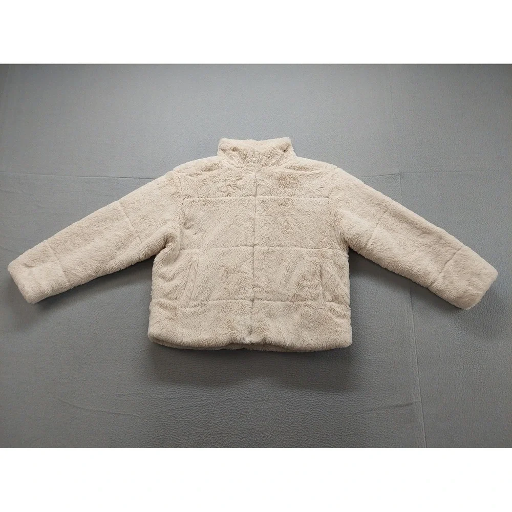 Kendall & Kylie Women Fur Jacket‎ M Cream Mock Neck Full Zip Long Sleeve Thermal
